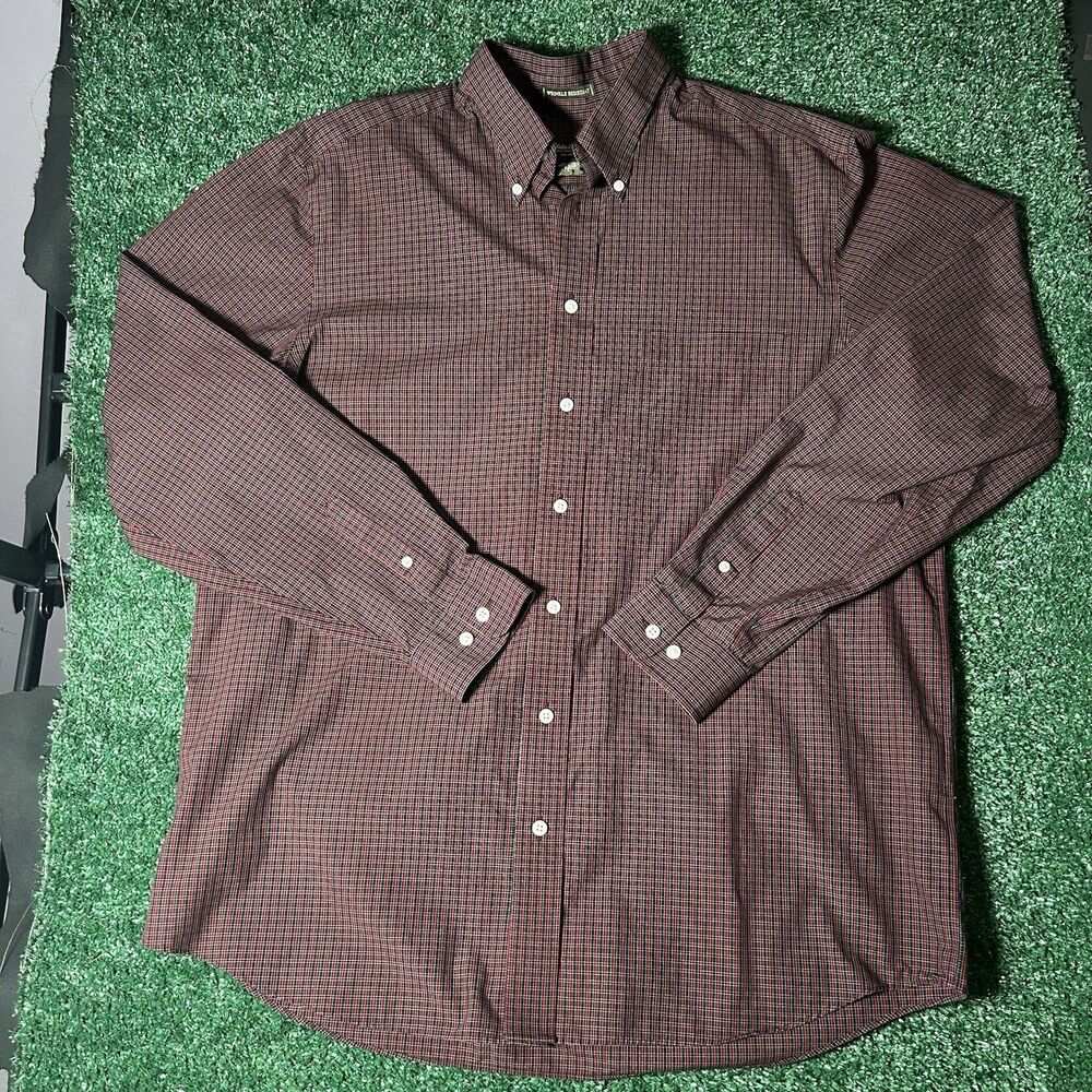 Eddie Bauer Mens Shirt Large Tall Red Black Plaid Long Sleeve Wrinkle Resistant